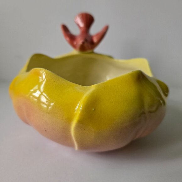 Vintage Royal Copley Yellow & Pink Ceramic Planter Bowl With Bird Accent - Picture 15 of 16